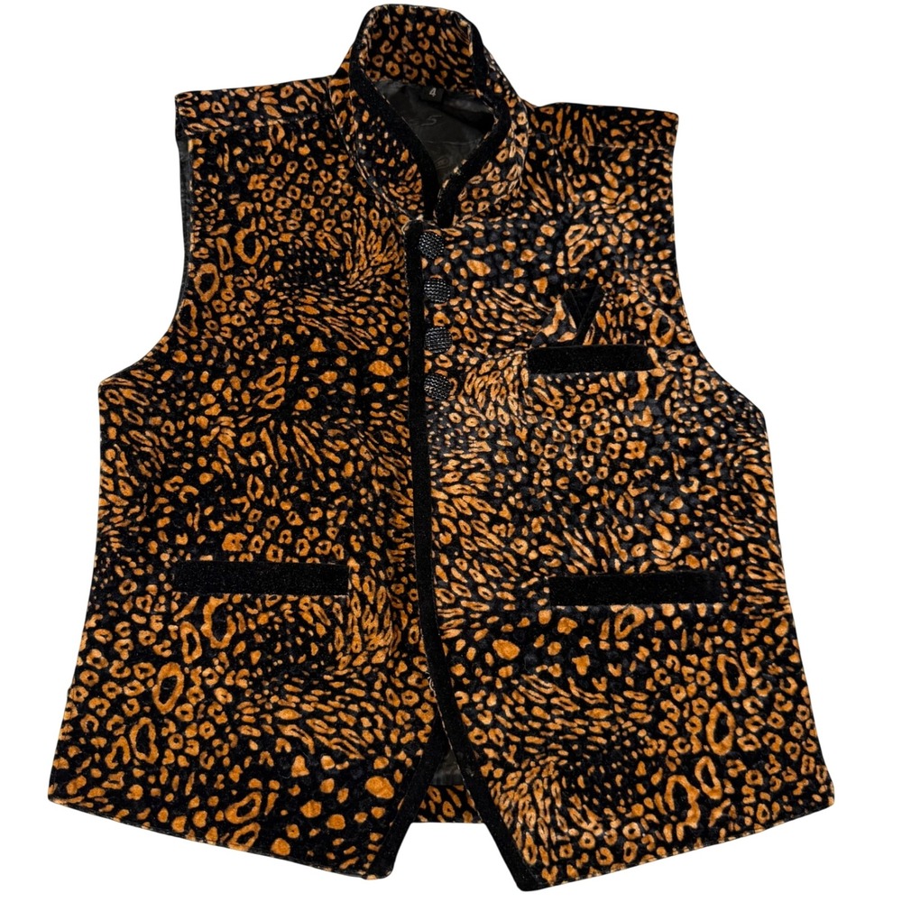Kids Velour Leopard Print Vest‎ Knot Button Mandarin Collar Statement Vest YS